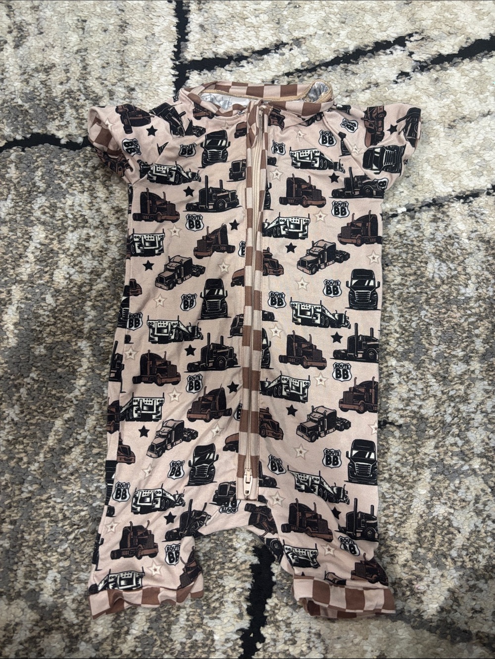 Boutique 9 Beige and Black Truck-Print One-Piece Romper